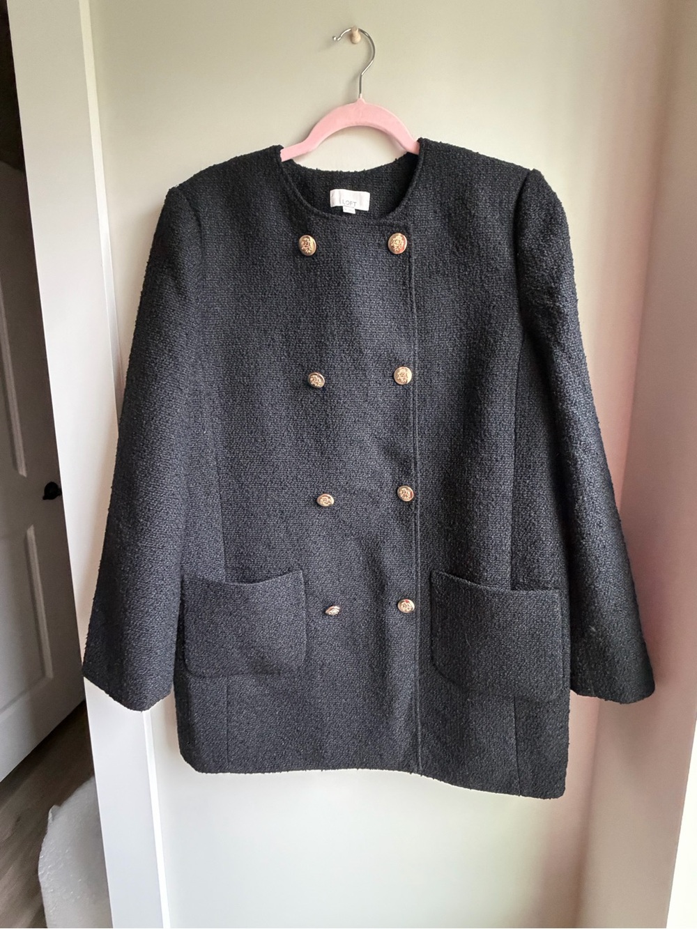 LOFT Black Double-Breasted Bouclé Coat with Gold Buttons
